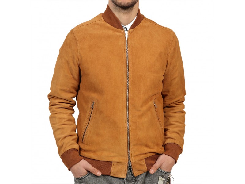 Giubbino in vera pelle di vitello scamosciata color cognac