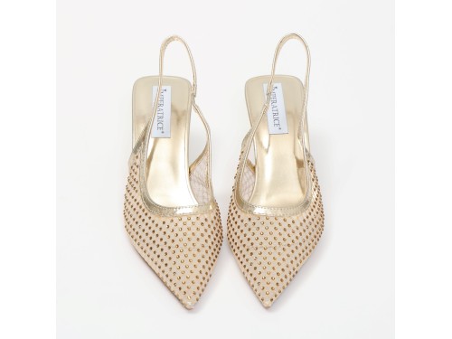 Dècolletè slingback con tacco a rocchetto in tessuto traforato con strass