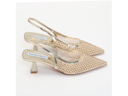 Dècolletè slingback con tacco a rocchetto in tessuto traforato con strass