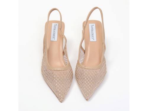 Dècolletè slingback con tacco a rocchetto in tessuto traforato con strass