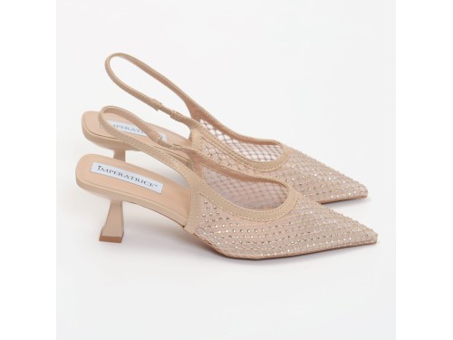 Dècolletè slingback con tacco a rocchetto in tessuto traforato con strass