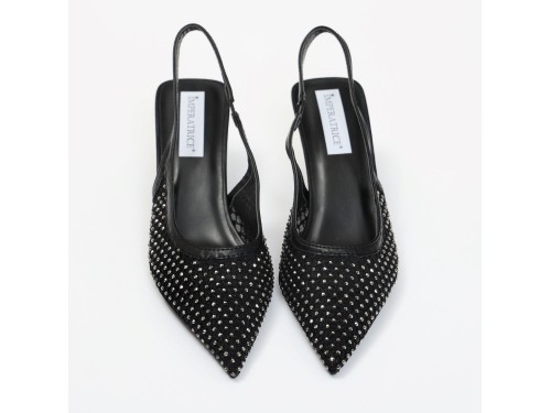 Dècolletè slingback con tacco a rocchetto in tessuto traforato con strass
