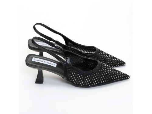 Dècolletè slingback con tacco a rocchetto in tessuto traforato con strass