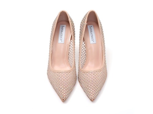 Dècolletè pumps in simil pelle con tomaia bucherellata ricoperta di strass