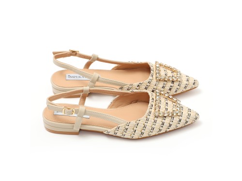 Ballerine slingback in tweed e simil pelle con applicazione gioiello