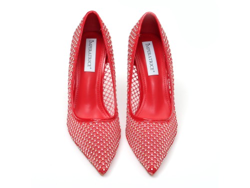 Dècolletè pumps in simil pelle con tomaia bucherellata ricoperta di strass