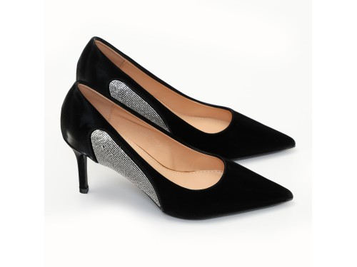 Dècolletè pumps in simil pelle verniciata con strass laterali