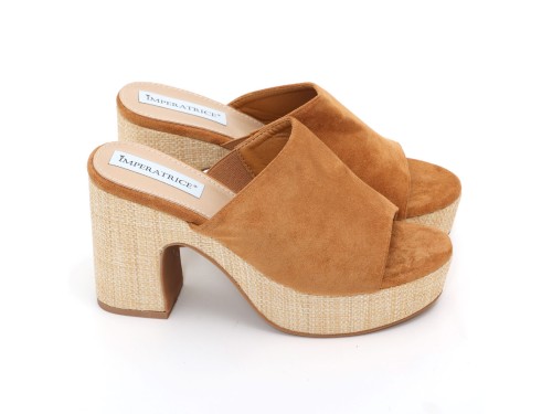 Sandali platform in simil camoscio con tacco in rafia