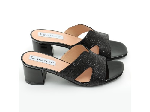 Sandali in simil pelle con tacco comodo e fascia brillantinata
