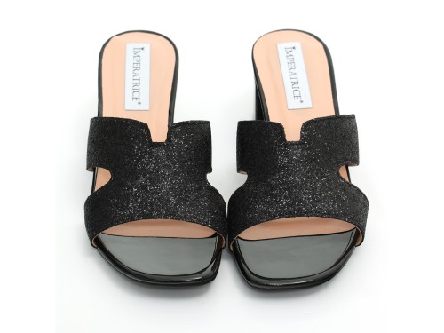 Sandali in simil pelle con tacco comodo e fascia brillantinata