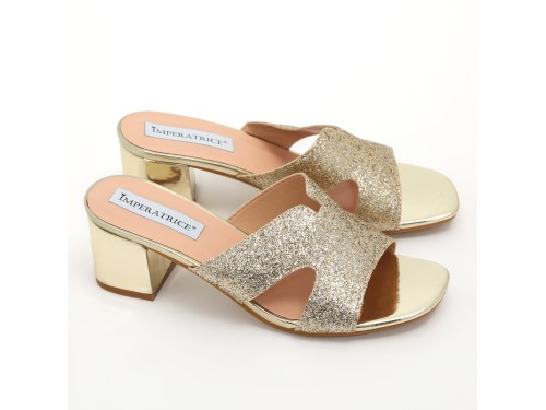 Sandali in simil pelle con tacco comodo e fascia brillantinata