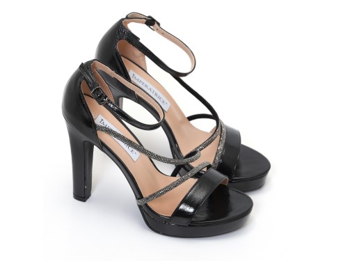 Sandali in simil pelle con tacco alto e fasce in strass