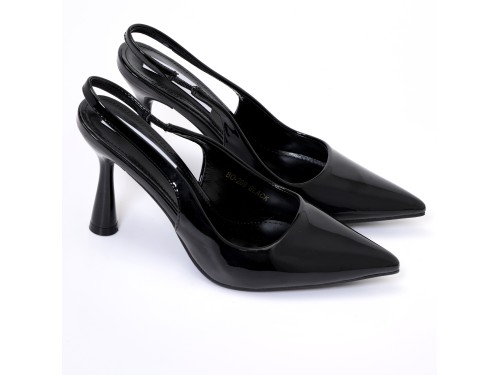 Dècolletè slingback in simil pelle verniciata con tacco a rocchetto tondo