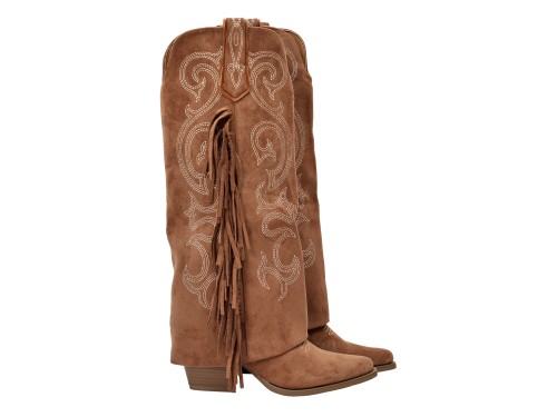 Stivale texano in simil camoscio con ricami e frange