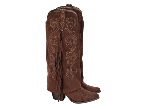 Stivale texano in simil camoscio con ricami e frange