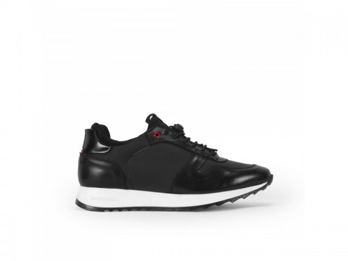 Sneakers in vera pelle crust e tessuto gommato con lacci elastici nero
