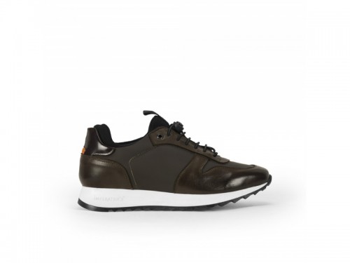 Sneakers in vera pelle crust e tessuto gommato con lacci elastici testa di moro