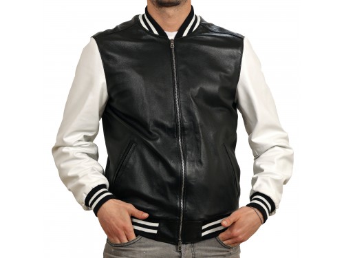 Bomber bicolore  in pelle di vitello nero con inserti bianchi